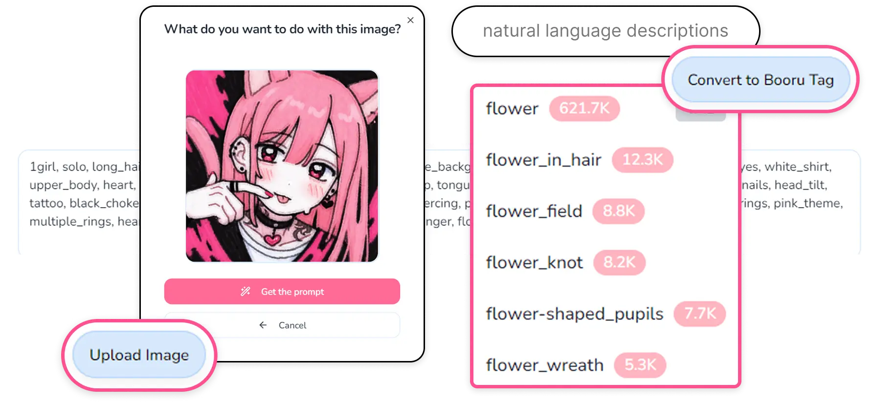 AI reverse prompt feature converting uploaded anime images to natural language descriptions and booru tags